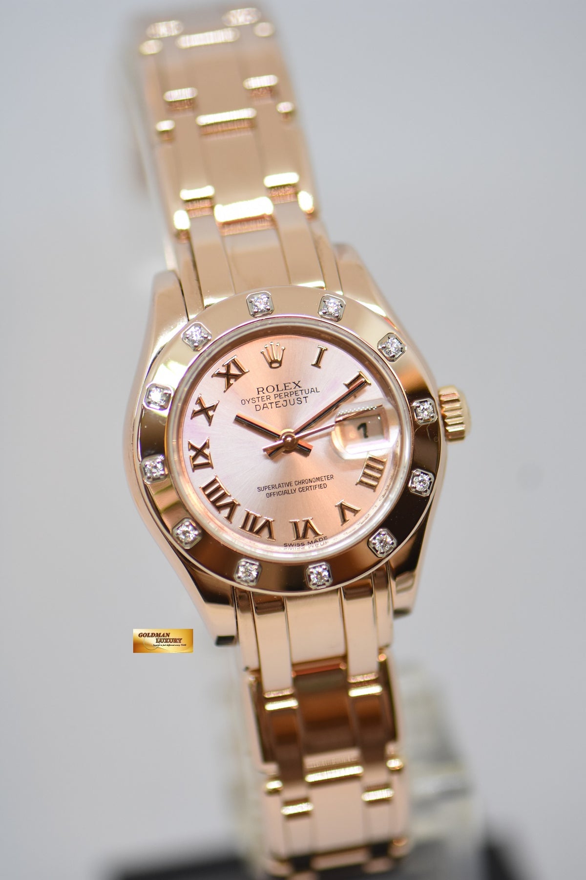 ROLEX OYSTER PERPETUAL DATEJUST PEARLMASTER LADIES 29mm 18K ROSE GOLD PINK ROMAN DIAL ORIGINAL DIAMOND BEZEL 80315 (MINT)