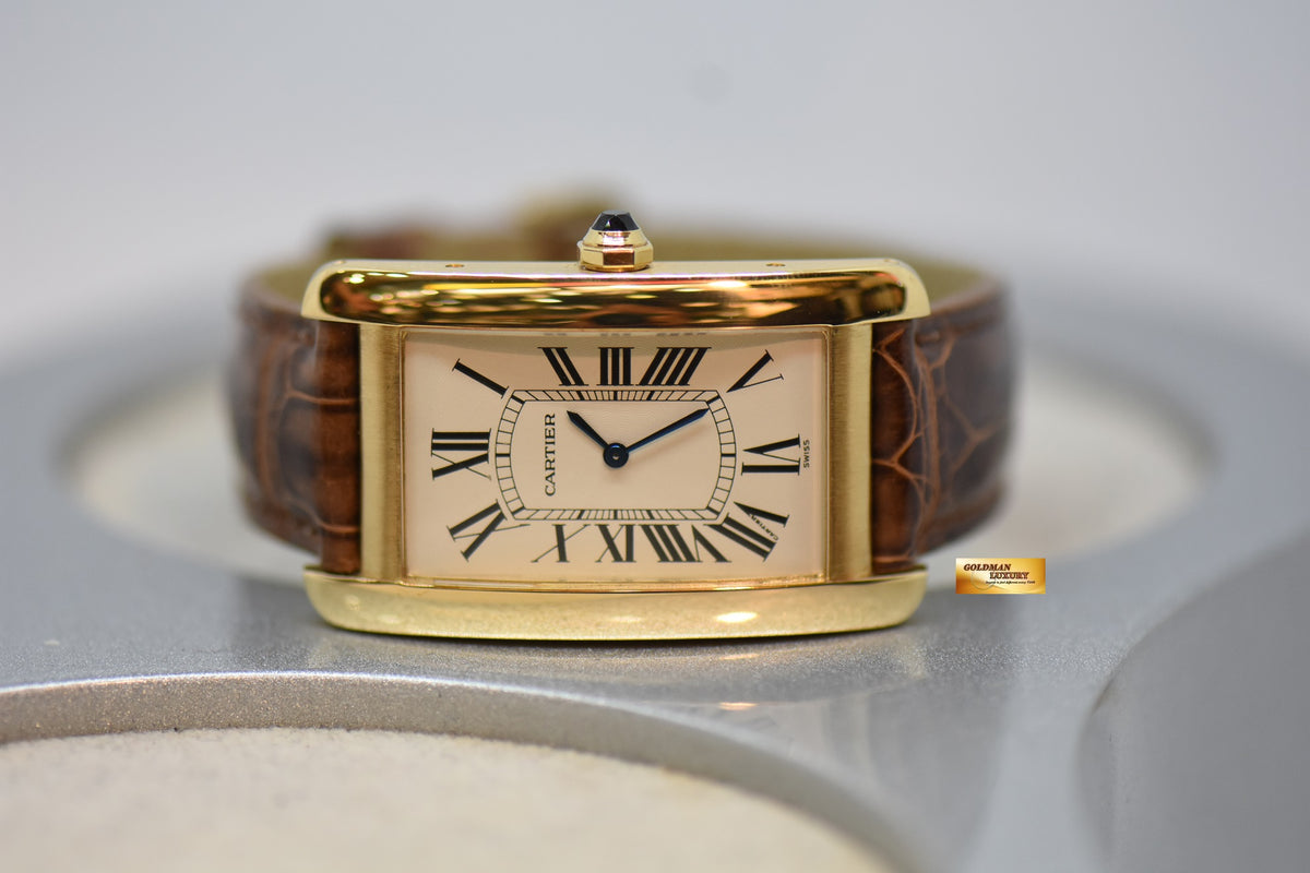 CARTIER TANK AMERICAINE LARGE PRE CPCP 18K YELLOW GOLD IN LEATHER STRAP MANUAL WINDING 1735/1 (MINT)