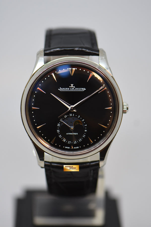 JAEGER LeCOULTRE MASTER CONTROL ULTRA THIN MOON STEEL IN LEATHER STRAP AUTOMATIC BLACK Q1368470 (BRAND NEW)