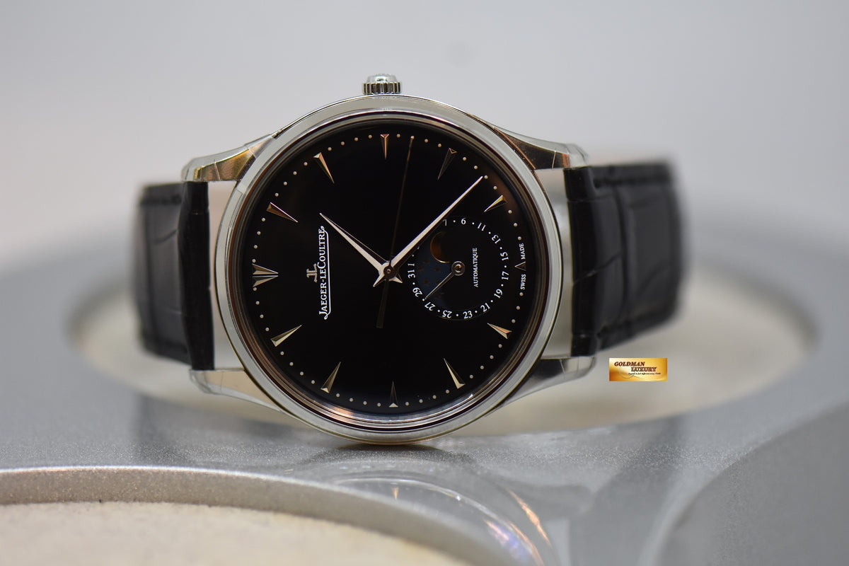 JAEGER LeCOULTRE MASTER CONTROL ULTRA THIN MOON STEEL IN LEATHER STRAP AUTOMATIC BLACK Q1368470 (BRAND NEW)