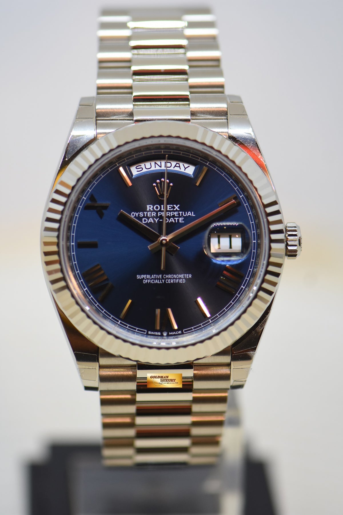 ROLEX OYSTER DAY-DATE 40mm 18K WHITE GOLD IN PRESIDENT BRACELET BLUE ROMAN DIAL 228239 (LNIB)