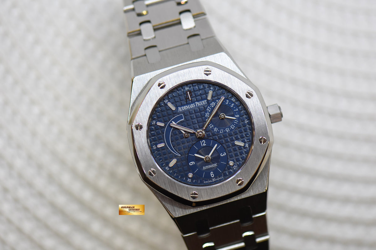 AUDEMARS PIGUET ROYAL OAK 36mm STEEL BRACELET BLUE DIAL POWER RESERVE GMT AUTOMATIC 25730ST (MINT)