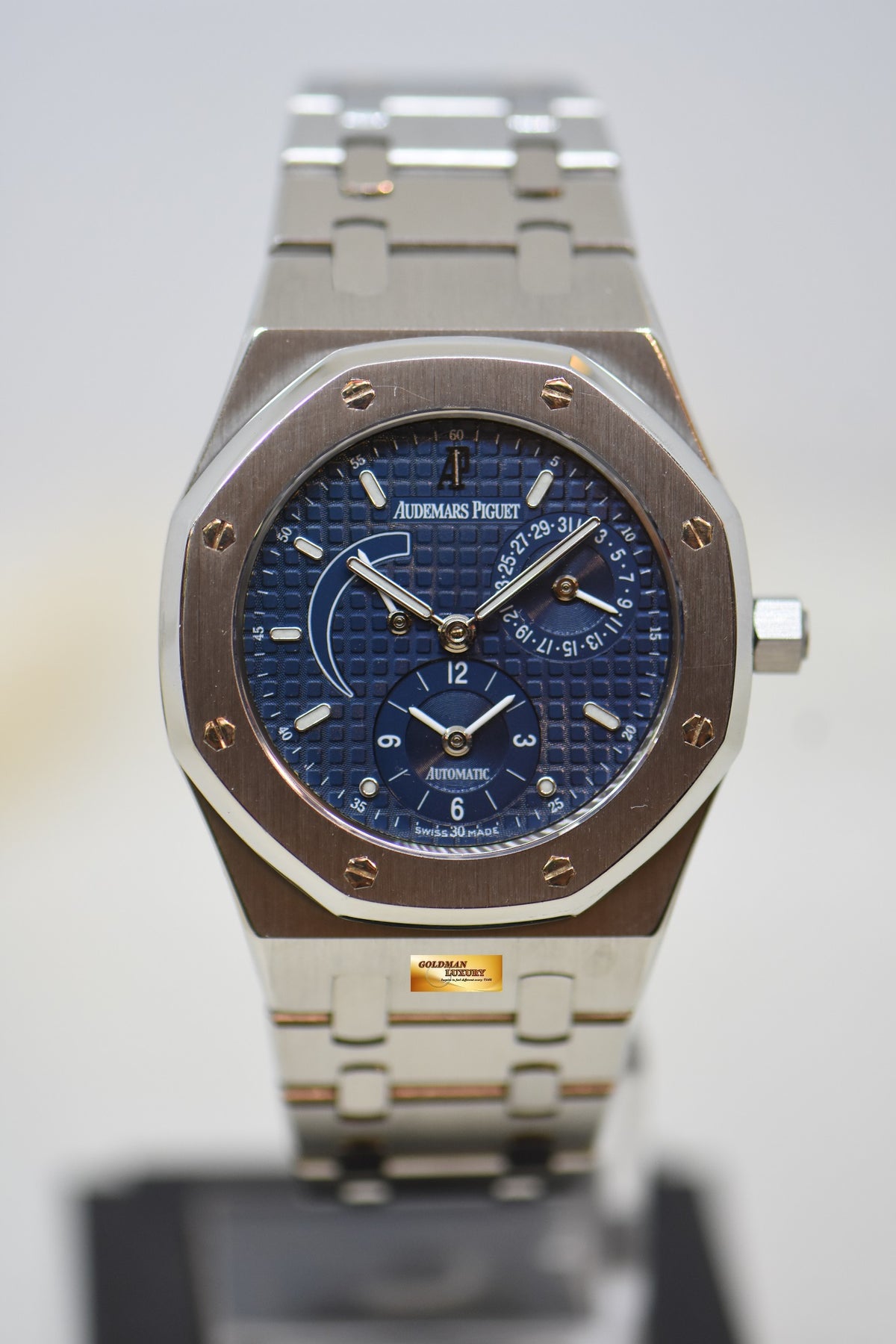 AUDEMARS PIGUET ROYAL OAK 36mm STEEL BRACELET BLUE DIAL POWER RESERVE GMT AUTOMATIC 25730ST (MINT)