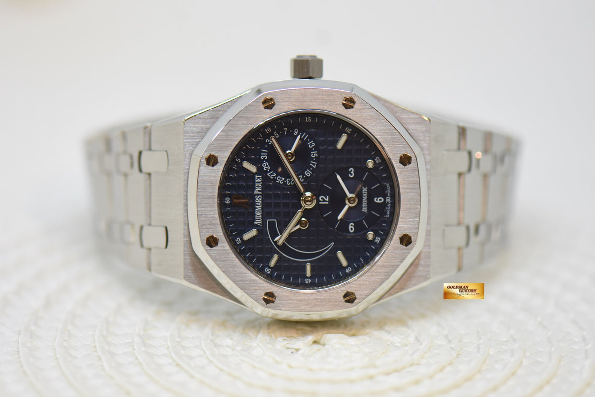 AUDEMARS PIGUET ROYAL OAK 36mm STEEL BRACELET BLUE DIAL POWER RESERVE GMT AUTOMATIC 25730ST (MINT)
