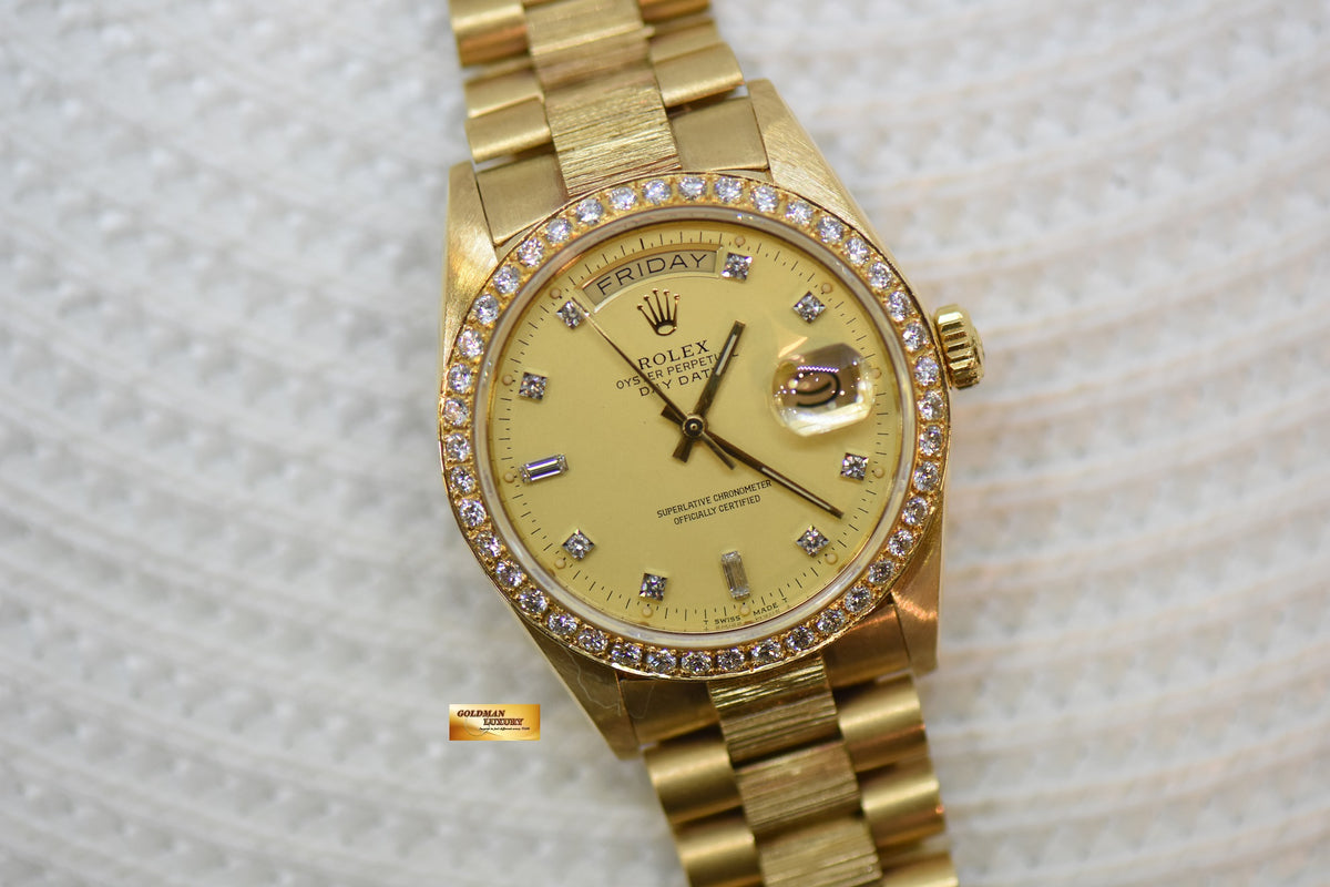 ROLEX OYSTER PERPETUAL DAY-DATE 36mm YELLOW GOLD IN PRESIDENT BARK BRACELET GOLD DIAMOND DIAL CUSTOM DIAMOND BEZEL (SINGLE QUICK-SET DATE) 18078 (MINT)