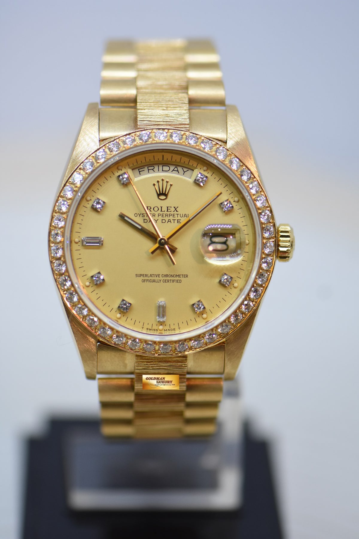 ROLEX OYSTER PERPETUAL DAY-DATE 36mm YELLOW GOLD IN PRESIDENT BARK BRACELET GOLD DIAMOND DIAL CUSTOM DIAMOND BEZEL (SINGLE QUICK-SET DATE) 18078 (MINT)
