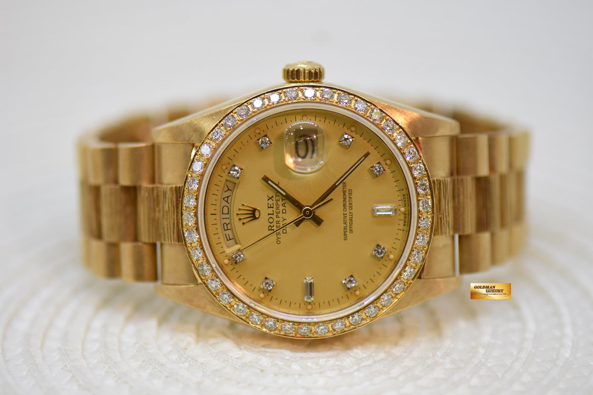 ROLEX OYSTER PERPETUAL DAY-DATE 36mm YELLOW GOLD IN PRESIDENT BARK BRACELET GOLD DIAMOND DIAL CUSTOM DIAMOND BEZEL (SINGLE QUICK-SET DATE) 18078 (MINT)