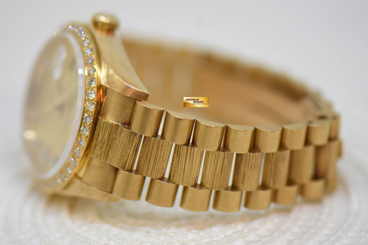 ROLEX OYSTER PERPETUAL DAY-DATE 36mm YELLOW GOLD IN PRESIDENT BARK BRACELET GOLD DIAMOND DIAL CUSTOM DIAMOND BEZEL (SINGLE QUICK-SET DATE) 18078 (MINT)