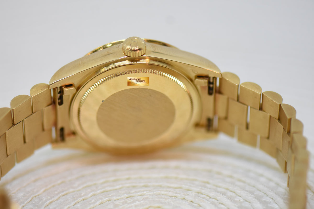 ROLEX OYSTER PERPETUAL DAY-DATE 36mm YELLOW GOLD IN PRESIDENT BARK BRACELET GOLD DIAMOND DIAL CUSTOM DIAMOND BEZEL (SINGLE QUICK-SET DATE) 18078 (MINT)