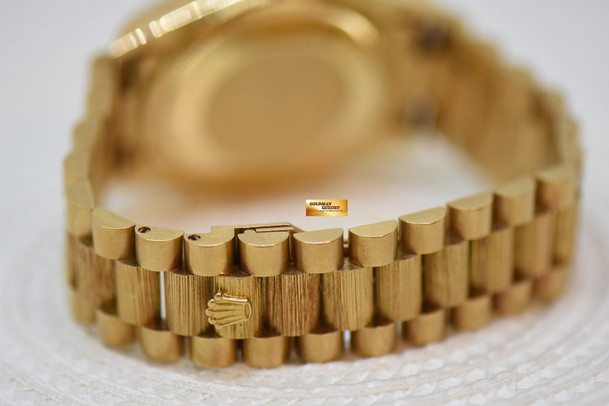 ROLEX OYSTER PERPETUAL DAY-DATE 36mm YELLOW GOLD IN PRESIDENT BARK BRACELET GOLD DIAMOND DIAL CUSTOM DIAMOND BEZEL (SINGLE QUICK-SET DATE) 18078 (MINT)