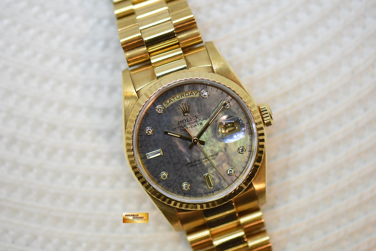 ROLEX OYSTER PERPETUAL DAY-DATE 36mm YELLOW GOLD IN PRESIDENT BRACELET MOP COMPUTER DIAMOND DIAL (DOUBLE QUICK-SET DATE) 18238 (MINT)