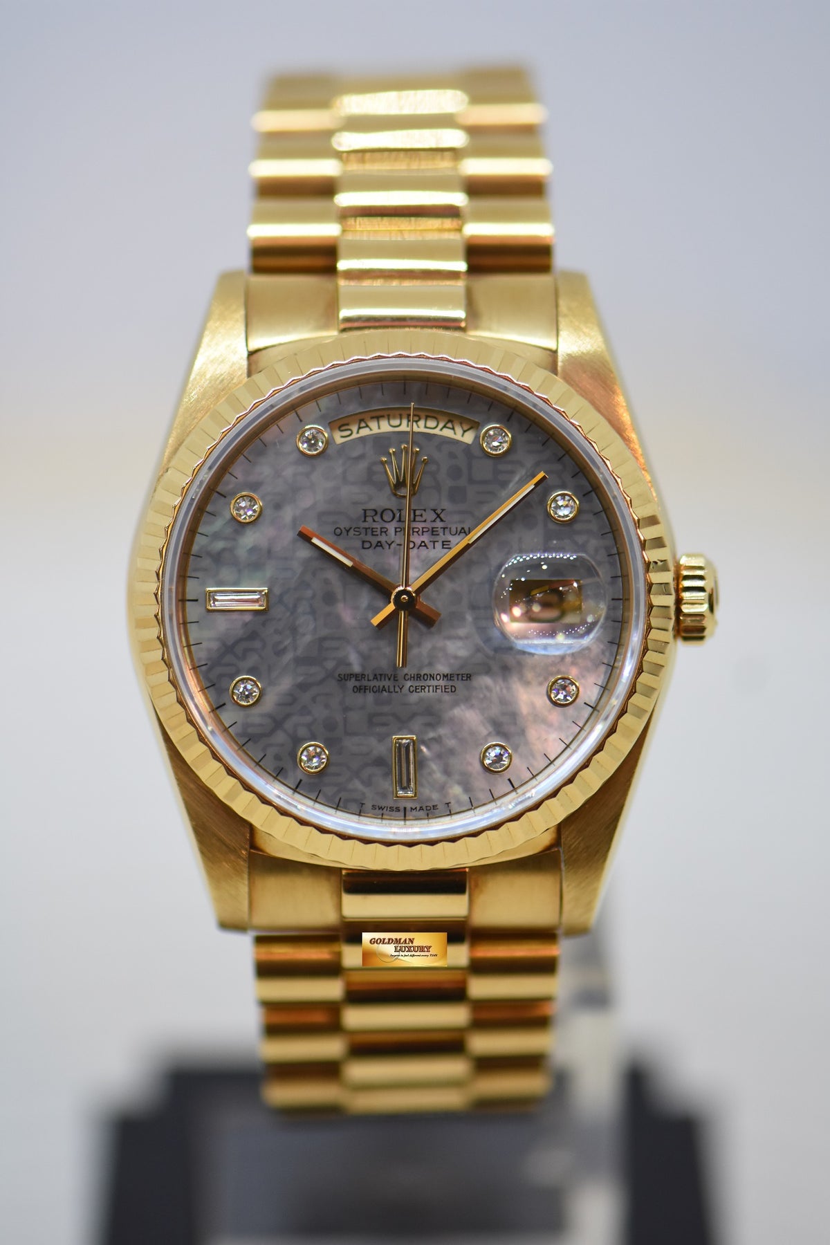 ROLEX OYSTER PERPETUAL DAY-DATE 36mm YELLOW GOLD IN PRESIDENT BRACELET MOP COMPUTER DIAMOND DIAL (DOUBLE QUICK-SET DATE) 18238 (MINT)