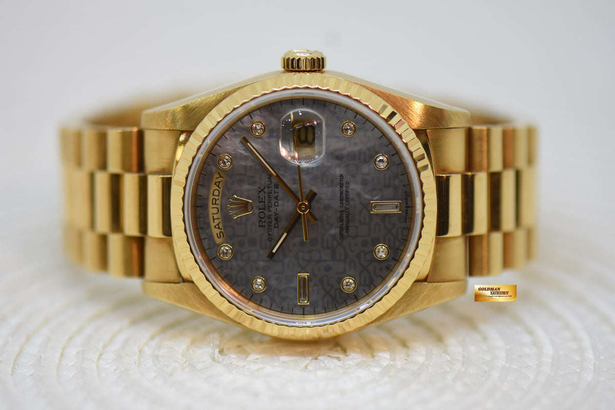 ROLEX OYSTER PERPETUAL DAY-DATE 36mm YELLOW GOLD IN PRESIDENT BRACELET MOP COMPUTER DIAMOND DIAL (DOUBLE QUICK-SET DATE) 18238 (MINT)