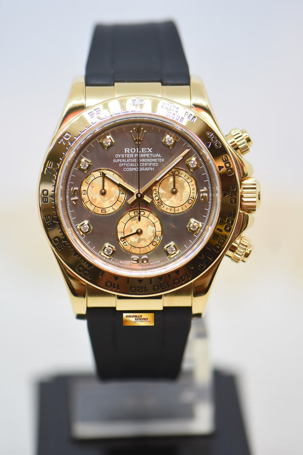 ROLEX OYSTER PERPETUAL DAYTONA CHRONOGRAPH 40mm 18K YELLOW GOLD IN LEATHER STRAP TAHITIAN DIAMOND MOP DIAL 116518 (MINT)