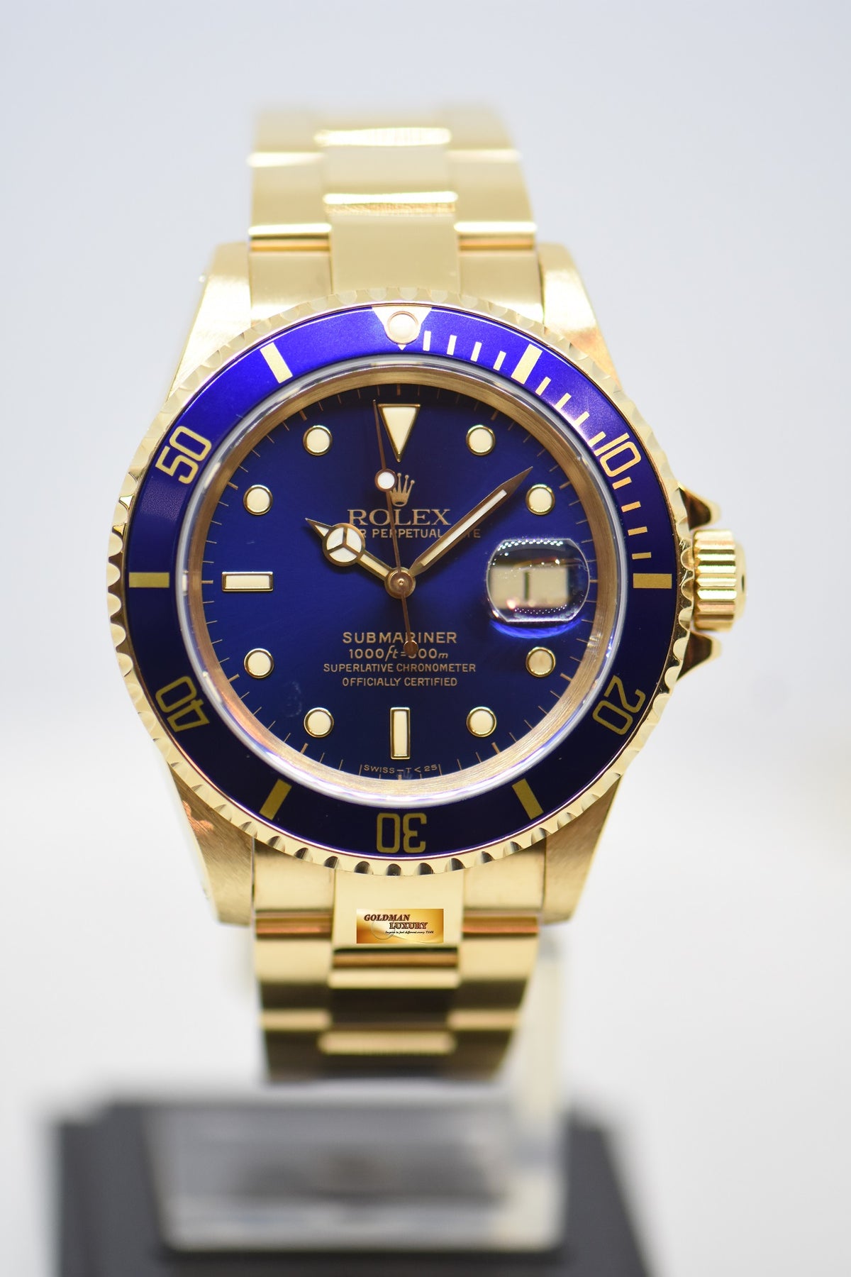 ROLEX OYSTER PERPETUAL SUBMARINER 40mm YELLOW GOLD IN BRACELET TRITIUM BLUE DIAL 16618LB (LNIB) (AGED PERTINA)