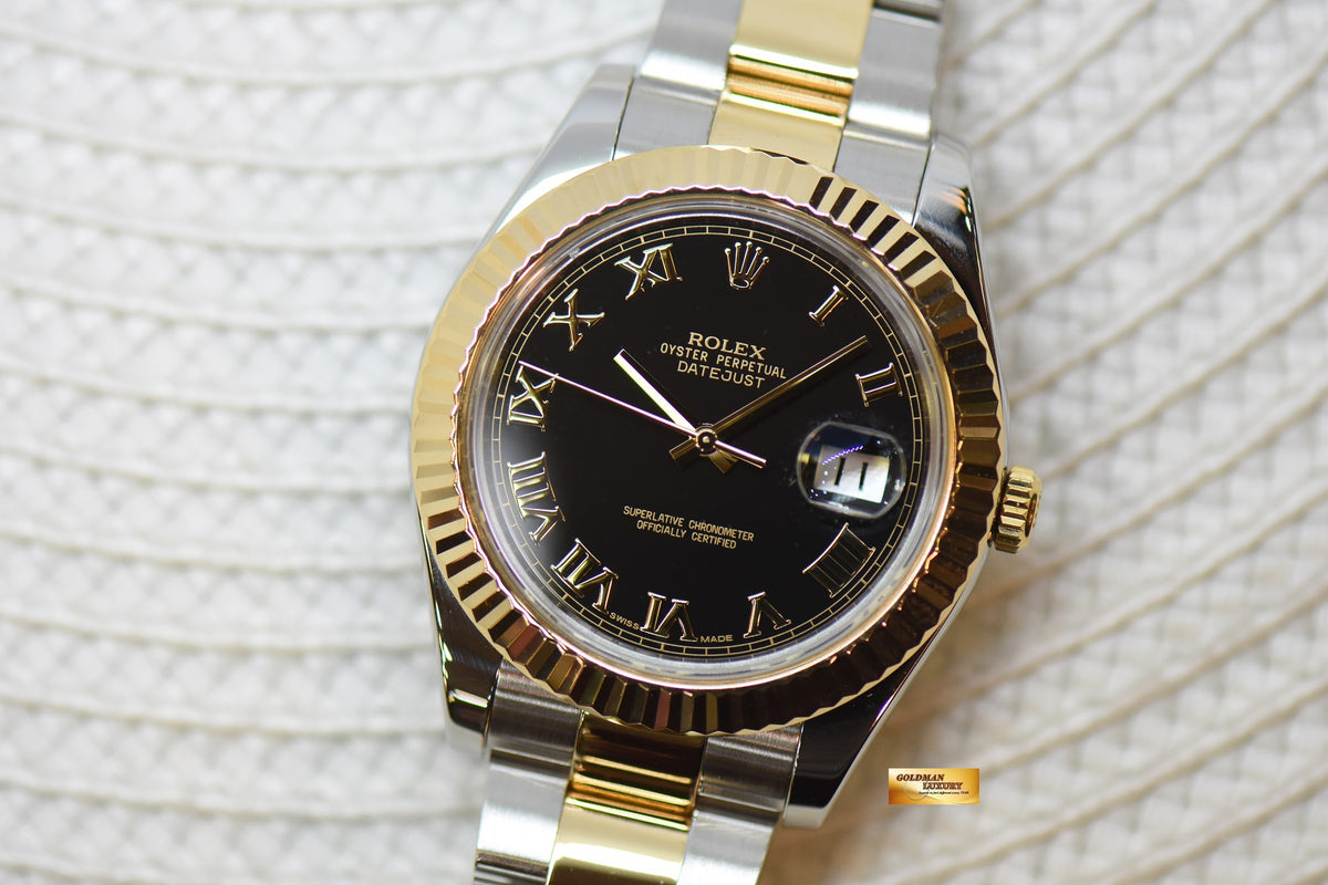 ROLEX OYSTER PERPETUAL DATEJUST II 41mm GOLD / STEEL IN OYSTER BRACELET BLACK ROMAN DIAL 116333 (MINT)