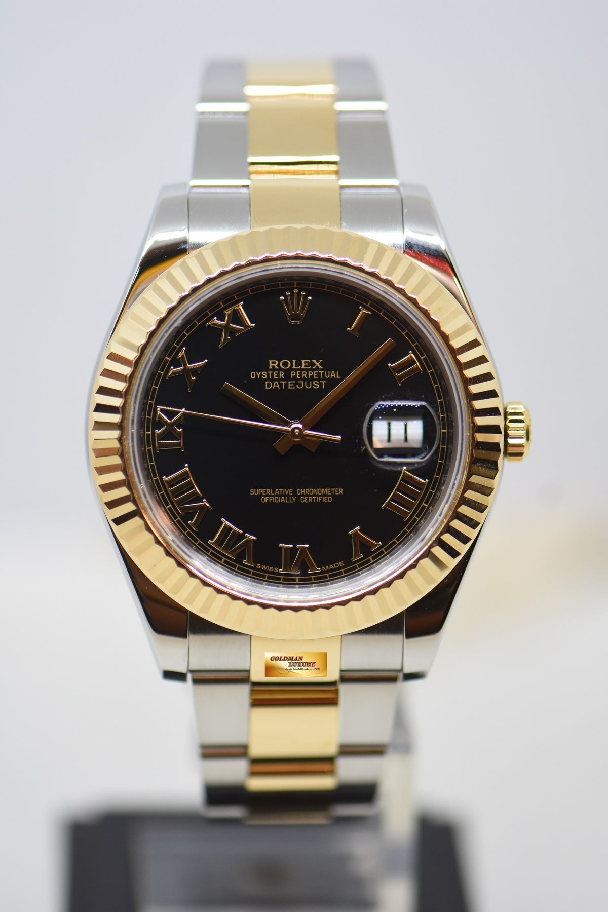 ROLEX OYSTER PERPETUAL DATEJUST II 41mm GOLD / STEEL IN OYSTER BRACELET BLACK ROMAN DIAL 116333 (MINT)