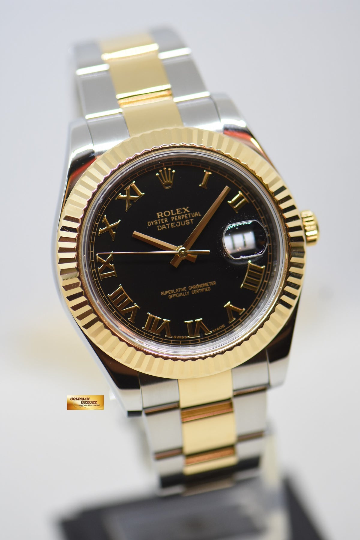 ROLEX OYSTER PERPETUAL DATEJUST II 41mm GOLD / STEEL IN OYSTER BRACELET BLACK ROMAN DIAL 116333 (MINT)