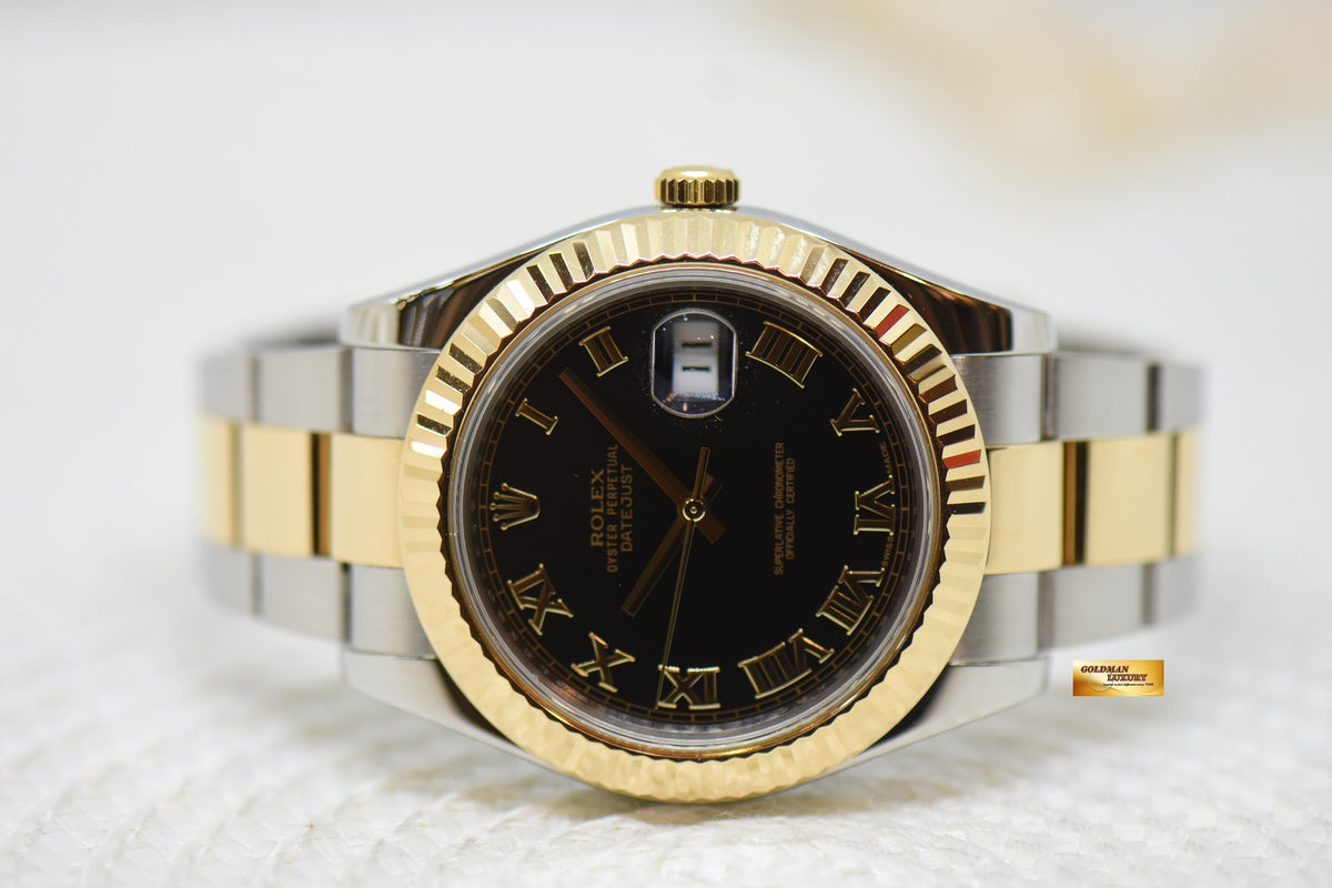ROLEX OYSTER PERPETUAL DATEJUST II 41mm GOLD / STEEL IN OYSTER BRACELET BLACK ROMAN DIAL 116333 (MINT)