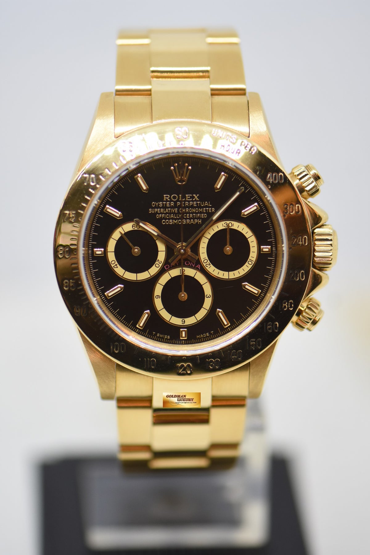 ROLEX OYSTER DAYTONA 18K YELLOW GOLD IN BRACELET INVERTED 6 ZENITH MVT “PATRIZZI” BLACK DIAL (RARE-VINTAGE)