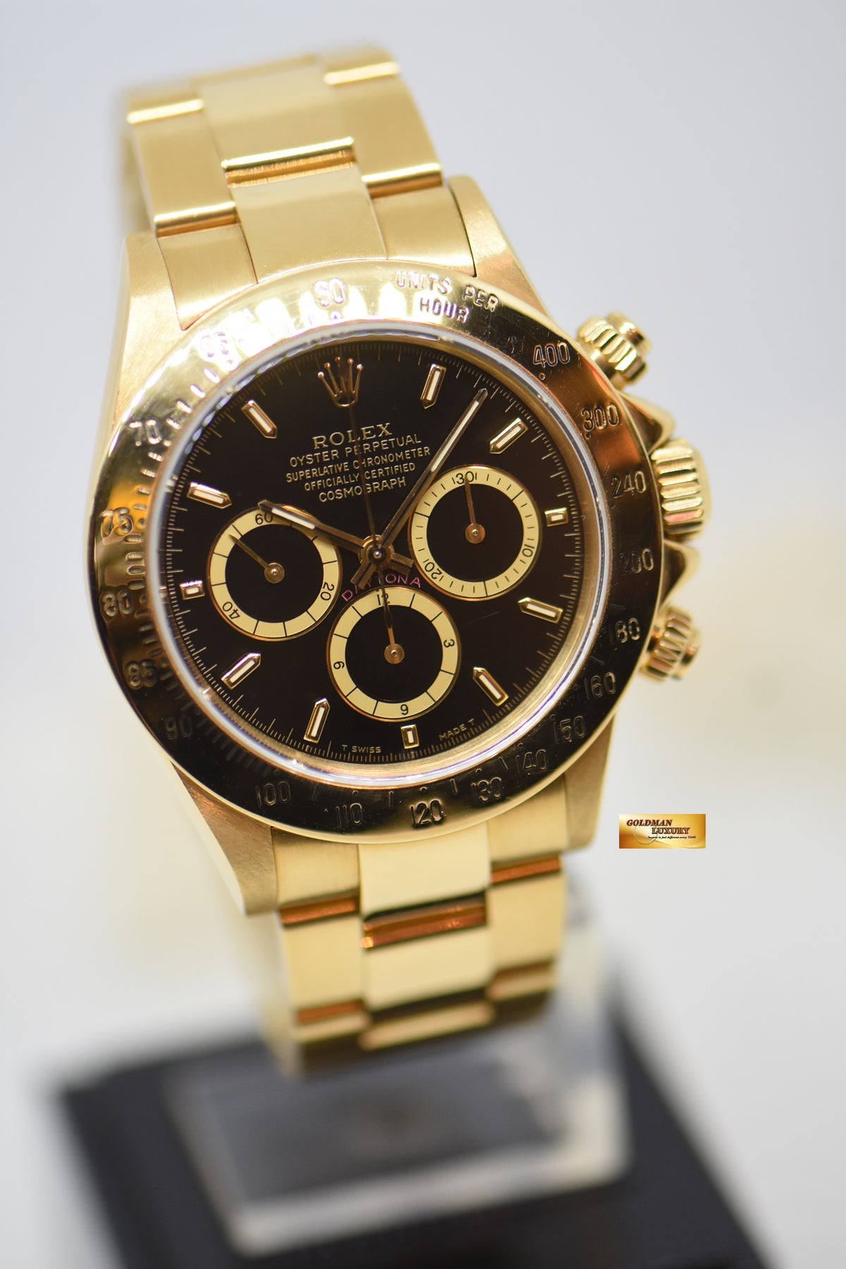 ROLEX OYSTER DAYTONA 18K YELLOW GOLD IN BRACELET INVERTED 6 ZENITH MVT “PATRIZZI” BLACK DIAL (RARE-VINTAGE)