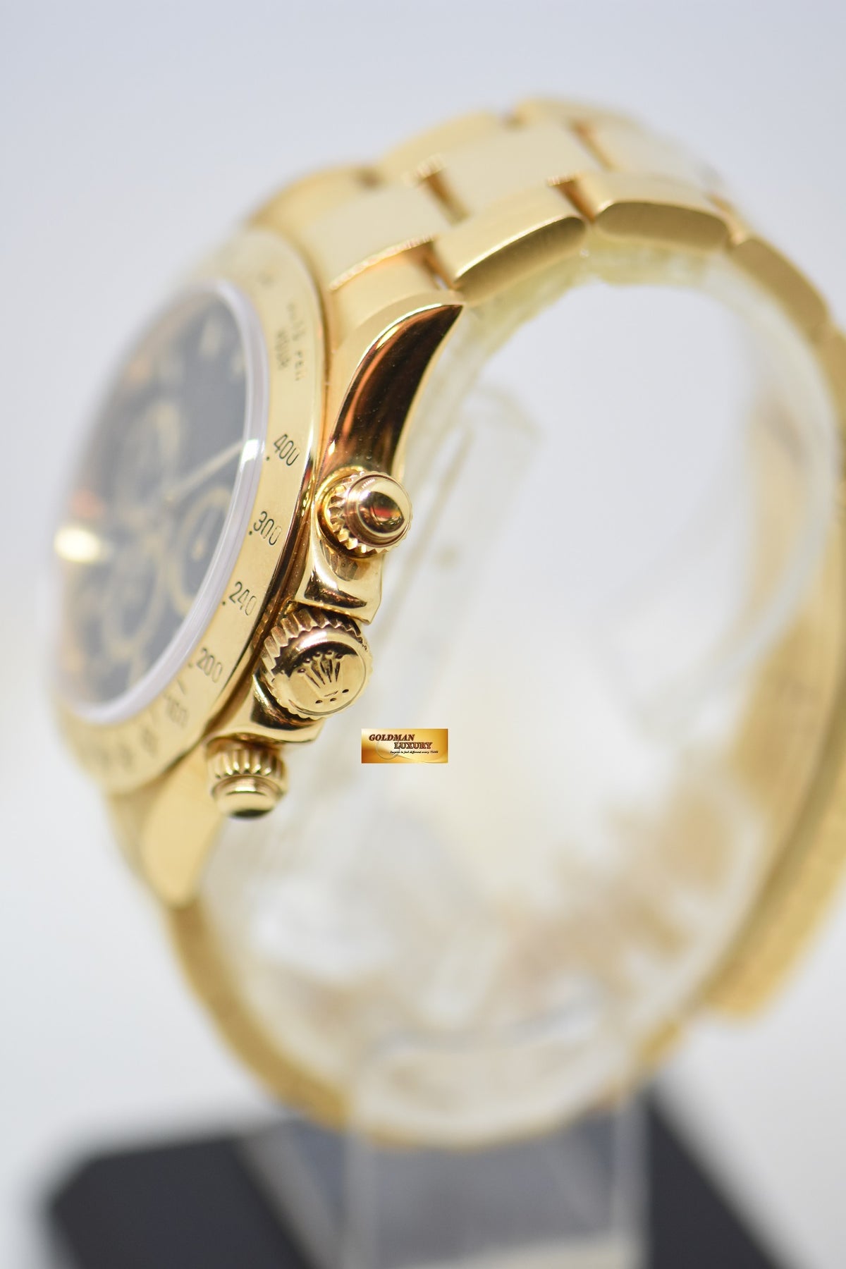 ROLEX OYSTER DAYTONA 18K YELLOW GOLD IN BRACELET INVERTED 6 ZENITH MVT “PATRIZZI” BLACK DIAL (RARE-VINTAGE)