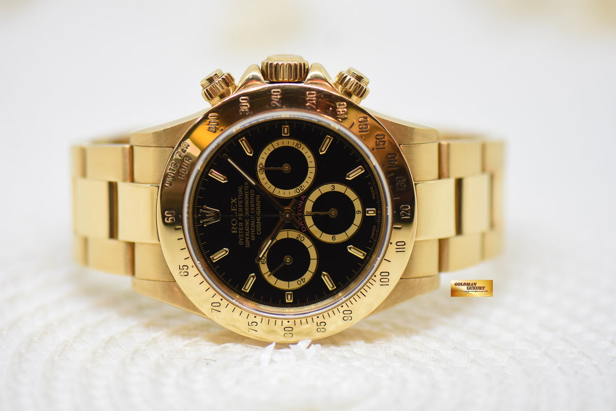 ROLEX OYSTER DAYTONA 18K YELLOW GOLD IN BRACELET INVERTED 6 ZENITH MVT “PATRIZZI” BLACK DIAL (RARE-VINTAGE)