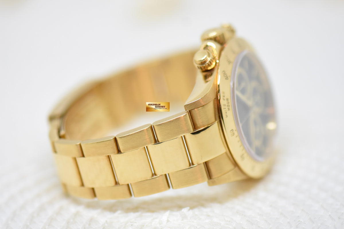ROLEX OYSTER DAYTONA 18K YELLOW GOLD IN BRACELET INVERTED 6 ZENITH MVT “PATRIZZI” BLACK DIAL (RARE-VINTAGE)