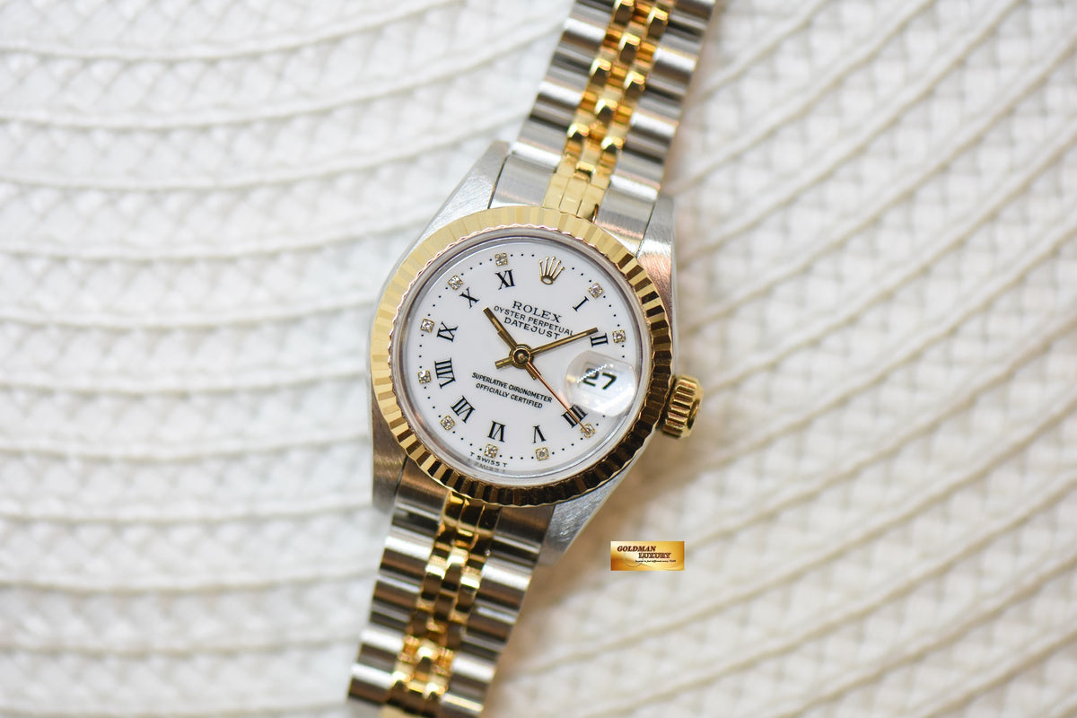 [SOLD] ROLEX OYSTER DATEJUST 26mm HALF-GOLD IN JUBILEE BRACELET WHITE ROMAN DIAMOND DIAL 69173 (MINT)