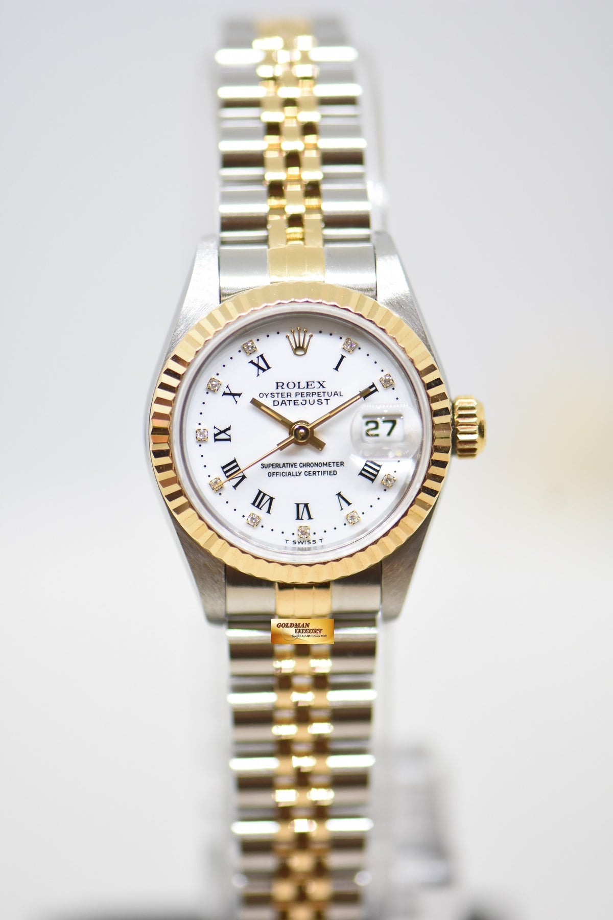 [SOLD] ROLEX OYSTER DATEJUST 26mm HALF-GOLD IN JUBILEE BRACELET WHITE ROMAN DIAMOND DIAL 69173 (MINT)