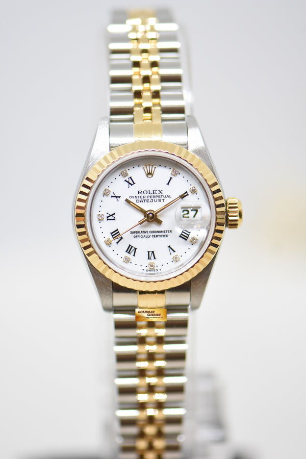 [SOLD] ROLEX OYSTER DATEJUST 26mm HALF-GOLD IN JUBILEE BRACELET WHITE ROMAN DIAMOND DIAL 69173 (MINT)