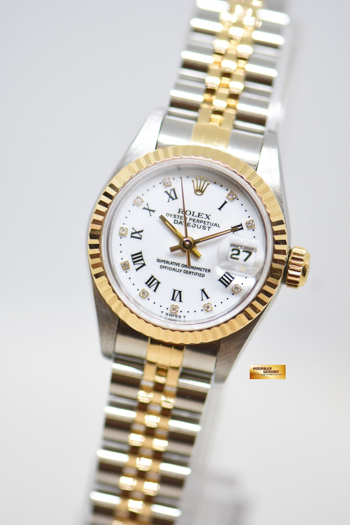 [SOLD] ROLEX OYSTER DATEJUST 26mm HALF-GOLD IN JUBILEE BRACELET WHITE ROMAN DIAMOND DIAL 69173 (MINT)