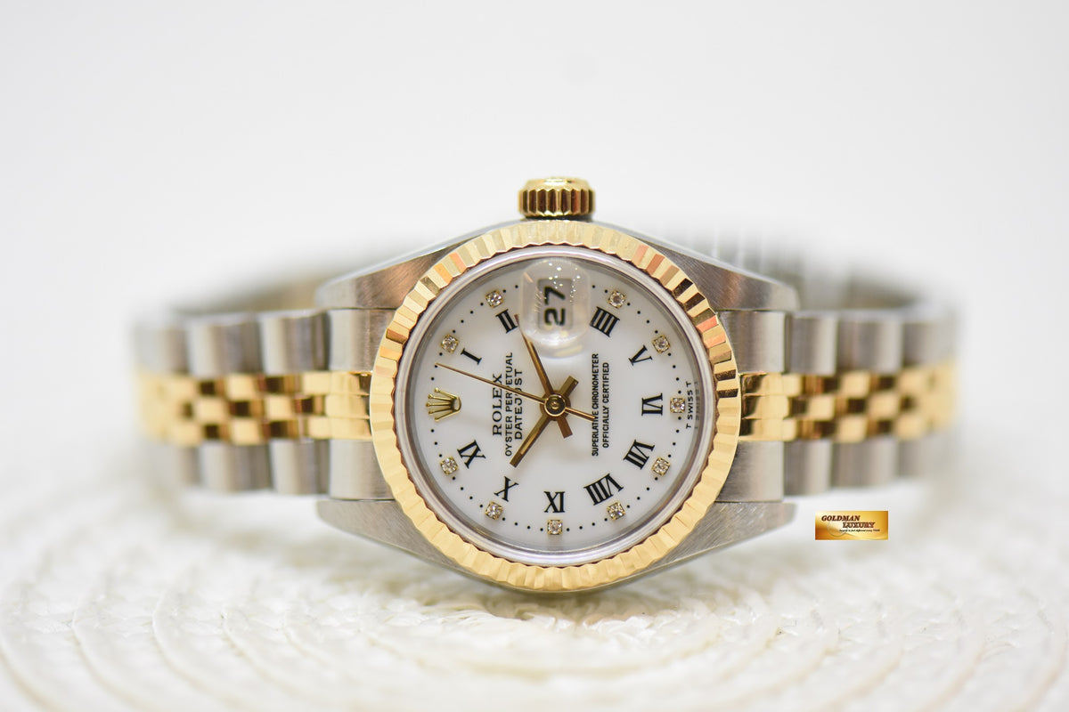 [SOLD] ROLEX OYSTER DATEJUST 26mm HALF-GOLD IN JUBILEE BRACELET WHITE ROMAN DIAMOND DIAL 69173 (MINT)