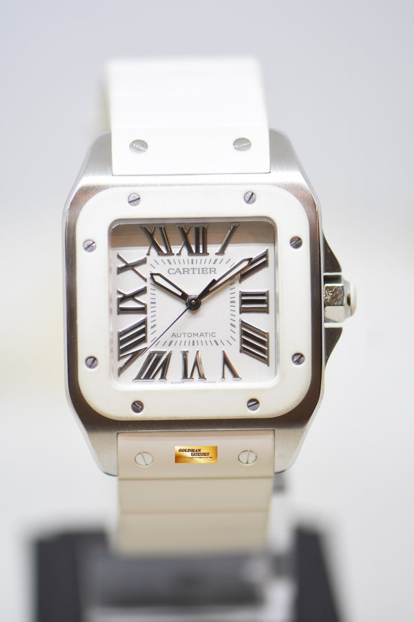 [SOLD] CARTIER SANTOS 100 MIDSIZE STEEL IN WHITE RUBBER STRAP AUTOMATIC W20129U2 (MINT)