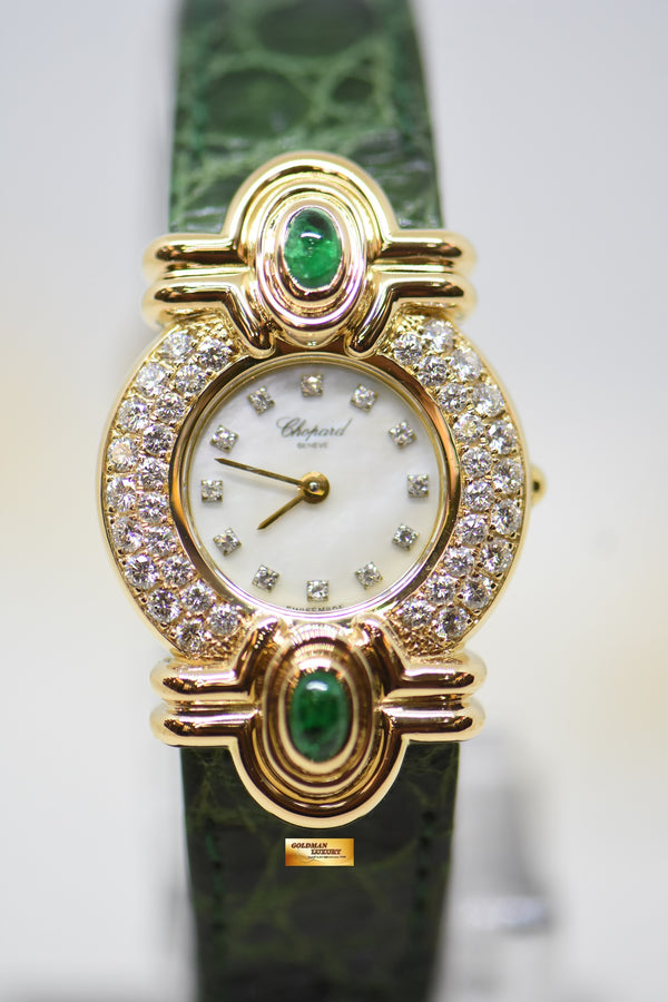 CHOPARD FANCY DIAMOND & EMERALD LADIES YELLOW GOLD MOP DIAMOND DIAL QUARTZ 13-603D-22 (MINT)