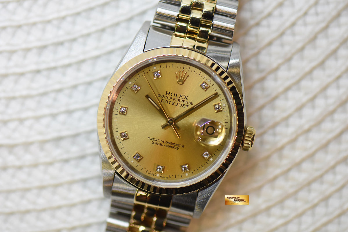 [SOLD] ROLEX OYSTER DATEJUST 36mm HALF-GOLD IN JUBILEE BRACELET DIAMOND GOLD DIAL 16233 (MINT)