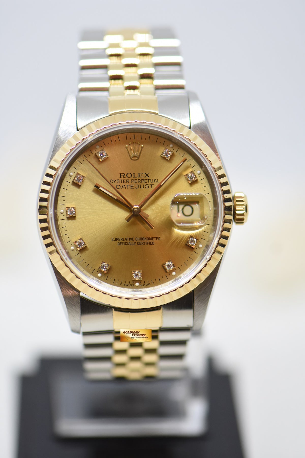 [SOLD] ROLEX OYSTER DATEJUST 36mm HALF-GOLD IN JUBILEE BRACELET DIAMOND GOLD DIAL 16233 (MINT)