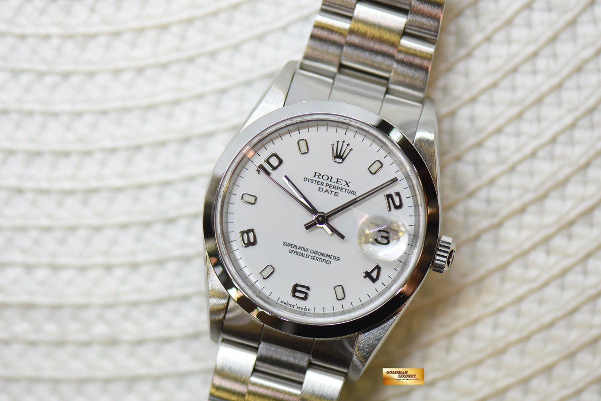 [SOLD] ROLEX OYSTER PERPETUAL DATE 34mm STEEL IN BRACELET WHITE ARABIC DIAL 15200 (MINT)