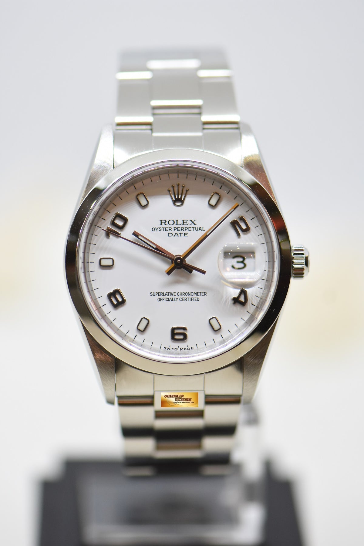 [SOLD] ROLEX OYSTER PERPETUAL DATE 34mm STEEL IN BRACELET WHITE ARABIC DIAL 15200 (MINT)