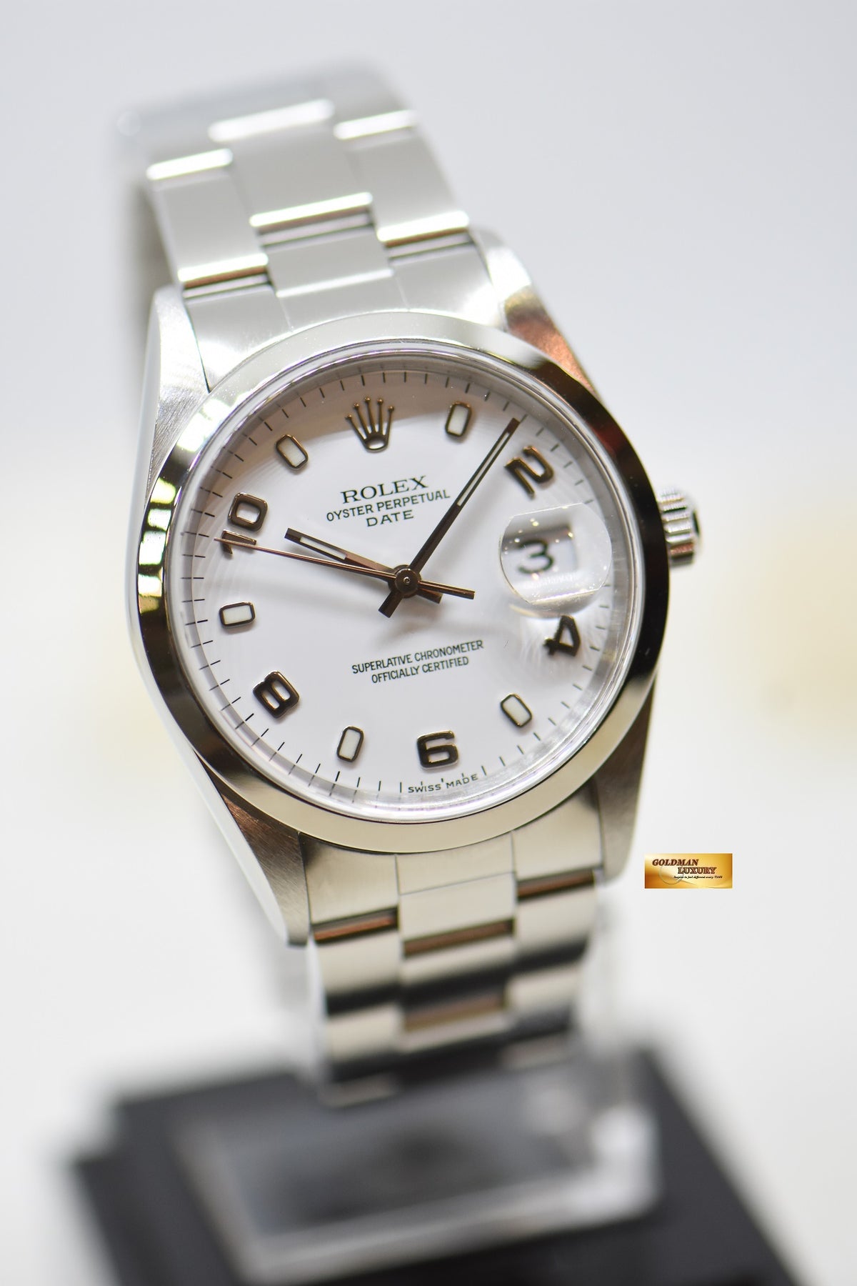 [SOLD] ROLEX OYSTER PERPETUAL DATE 34mm STEEL IN BRACELET WHITE ARABIC DIAL 15200 (MINT)