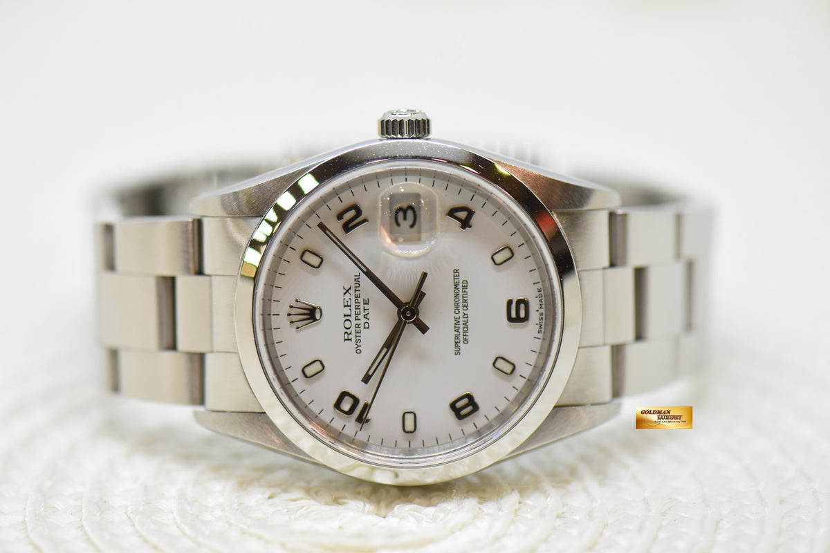 [SOLD] ROLEX OYSTER PERPETUAL DATE 34mm STEEL IN BRACELET WHITE ARABIC DIAL 15200 (MINT)