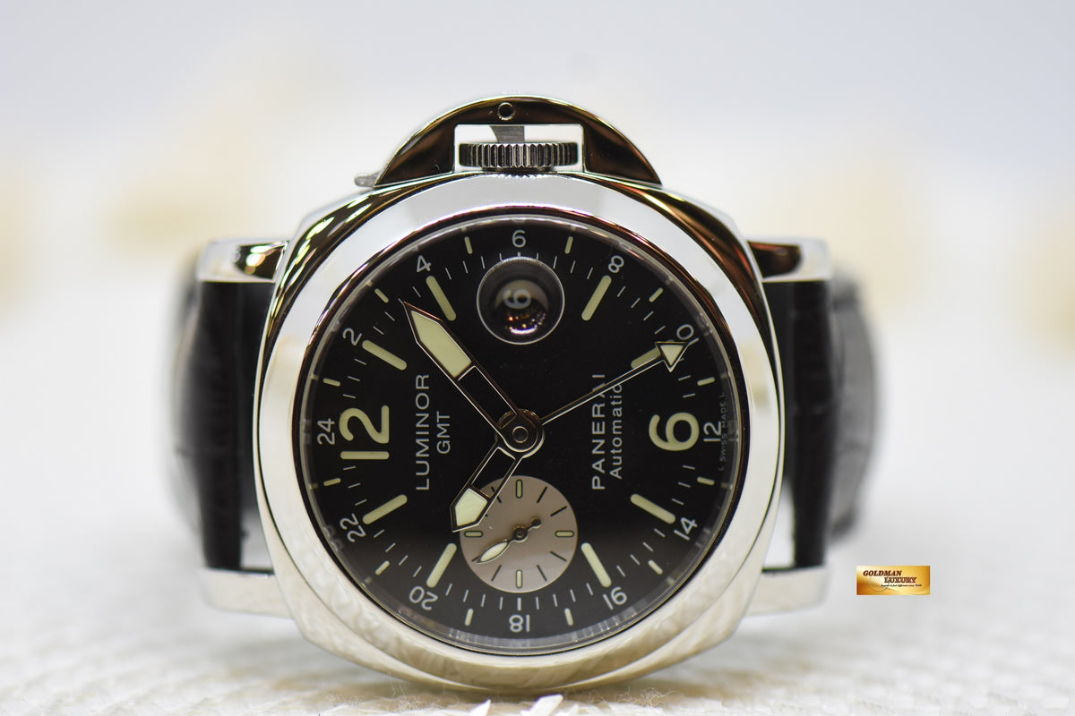 [SOLD] PANERAI LUMINOR GMT 44mm STEEL IN LEATHER BLACK DIAL AUTOMATIC PAM 88 (MINT)