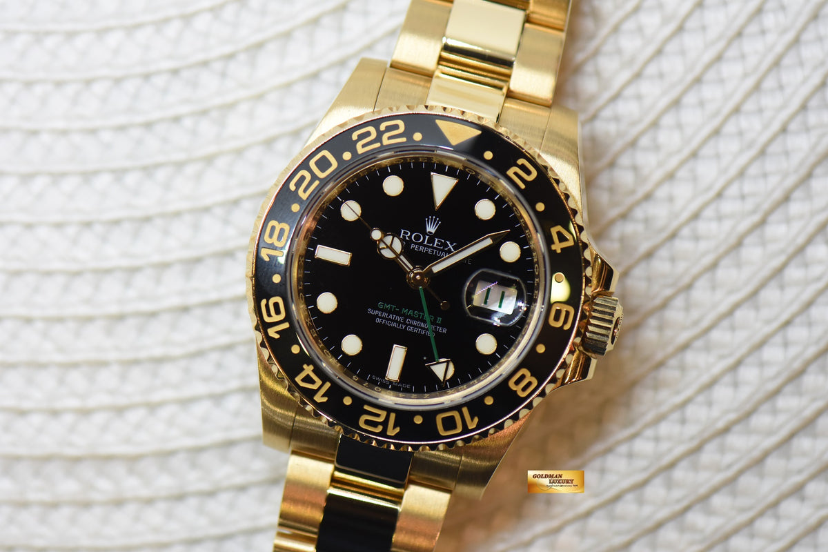 [SOLD] ROLEX OYSTER GMT-MASTER II 18K YELLOW GOLD IN OYSTER BRACELET BLACK DIAL 116718LN (MINT)
