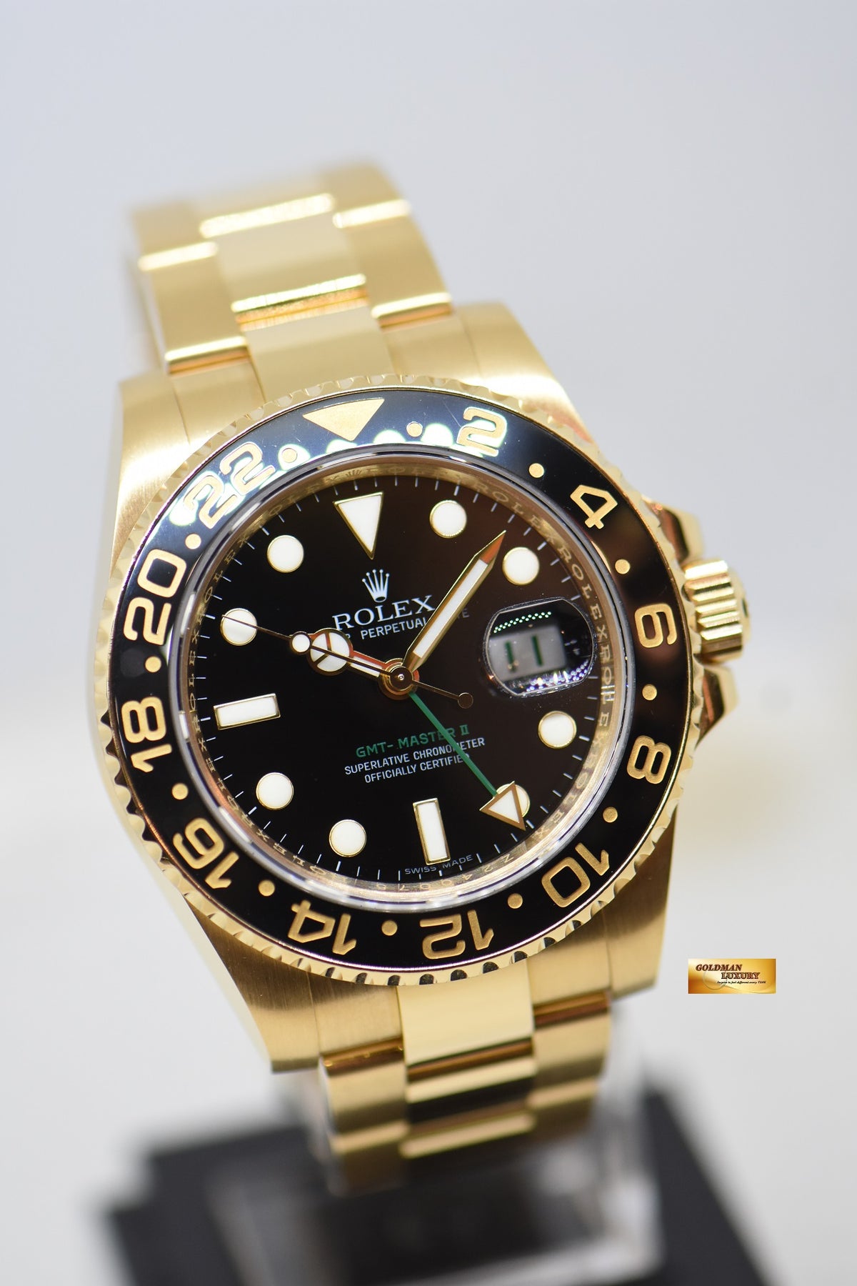 [SOLD] ROLEX OYSTER GMT-MASTER II 18K YELLOW GOLD IN OYSTER BRACELET BLACK DIAL 116718LN (MINT)