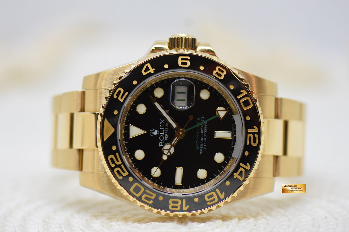 [SOLD] ROLEX OYSTER GMT-MASTER II 18K YELLOW GOLD IN OYSTER BRACELET BLACK DIAL 116718LN (MINT)