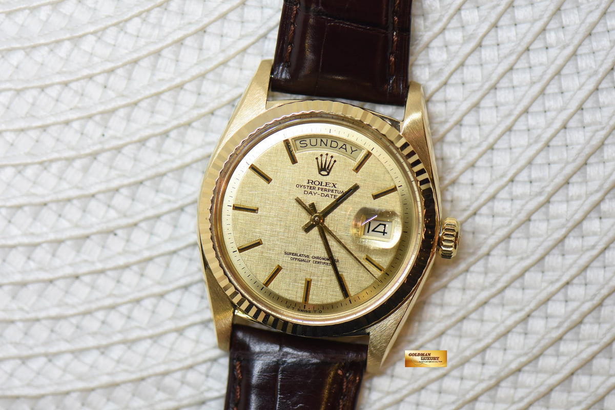 [SOLD] ROLEX OYSTER PERPETUAL DAY-DATE 36mm YELLOW GOLD GOLD LINEN DIAL (NON-QUICK-SET DATE) 1803 [HEAD ONLY] (VINTAGE)