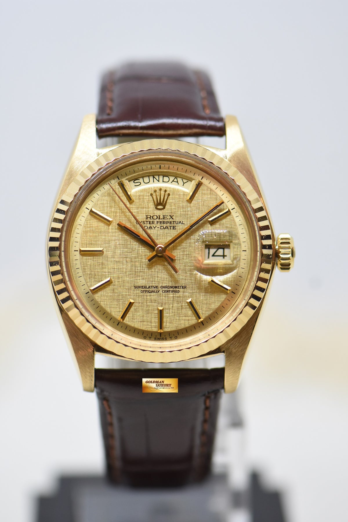 [SOLD] ROLEX OYSTER PERPETUAL DAY-DATE 36mm YELLOW GOLD GOLD LINEN DIAL (NON-QUICK-SET DATE) 1803 [HEAD ONLY] (VINTAGE)