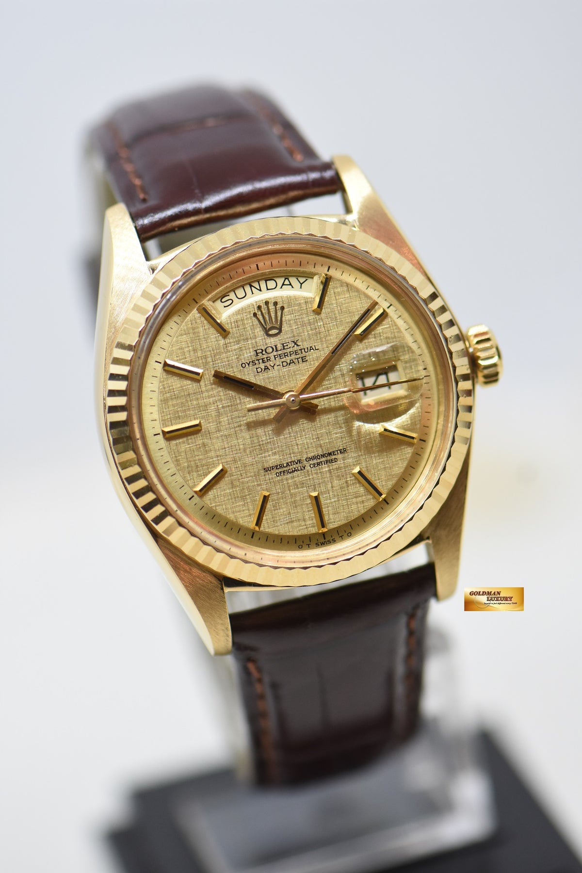 [SOLD] ROLEX OYSTER PERPETUAL DAY-DATE 36mm YELLOW GOLD GOLD LINEN DIAL (NON-QUICK-SET DATE) 1803 [HEAD ONLY] (VINTAGE)