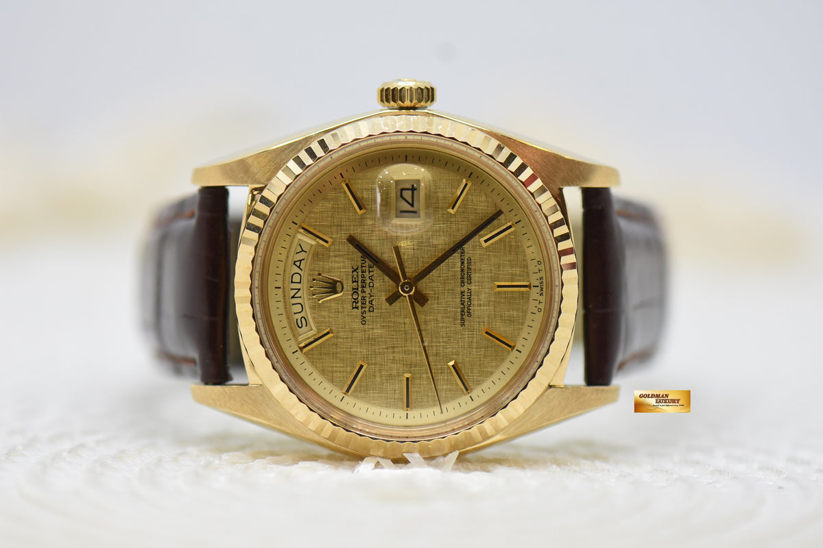 [SOLD] ROLEX OYSTER PERPETUAL DAY-DATE 36mm YELLOW GOLD GOLD LINEN DIAL (NON-QUICK-SET DATE) 1803 [HEAD ONLY] (VINTAGE)