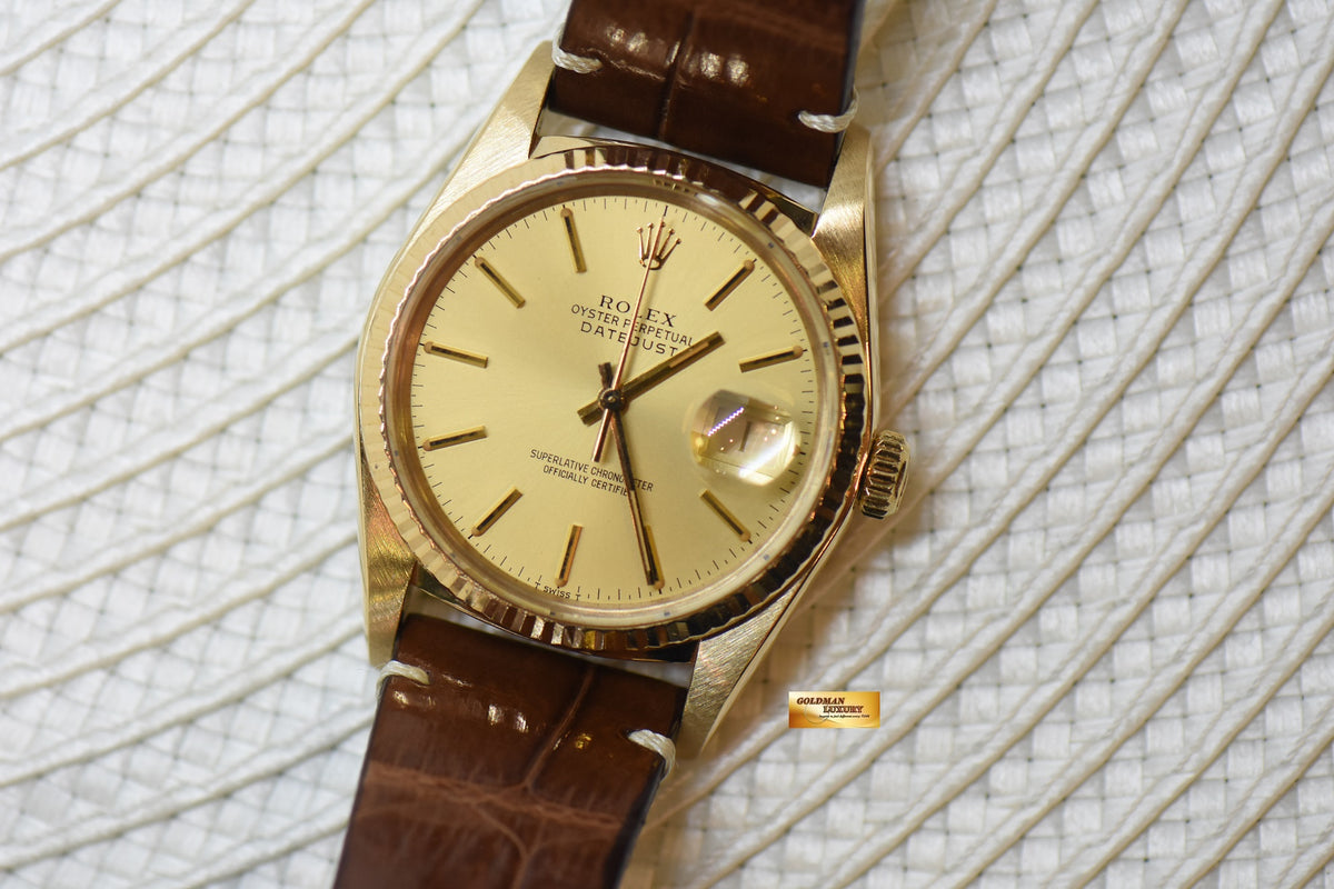 [SOLD] ROLEX OYSTER PERPETUAL DATEJUST 36mm YELLOW GOLD GOLD DIAL (QUICK-SET DATE) 16018 [HEAD ONLY] (VINTAGE)